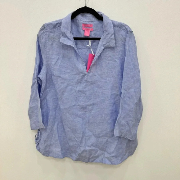 NWT Isaac Mizrahi linen blouse blue Tunic top Sz Large - Picture 1 of 4